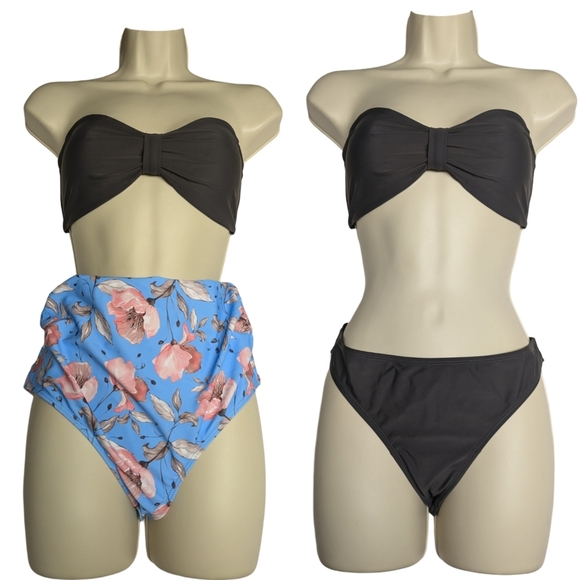 3-PC Bikini Set Size S/M Grey matching bandeau/low rise bottoms & floral bottoms - Picture 1 of 10